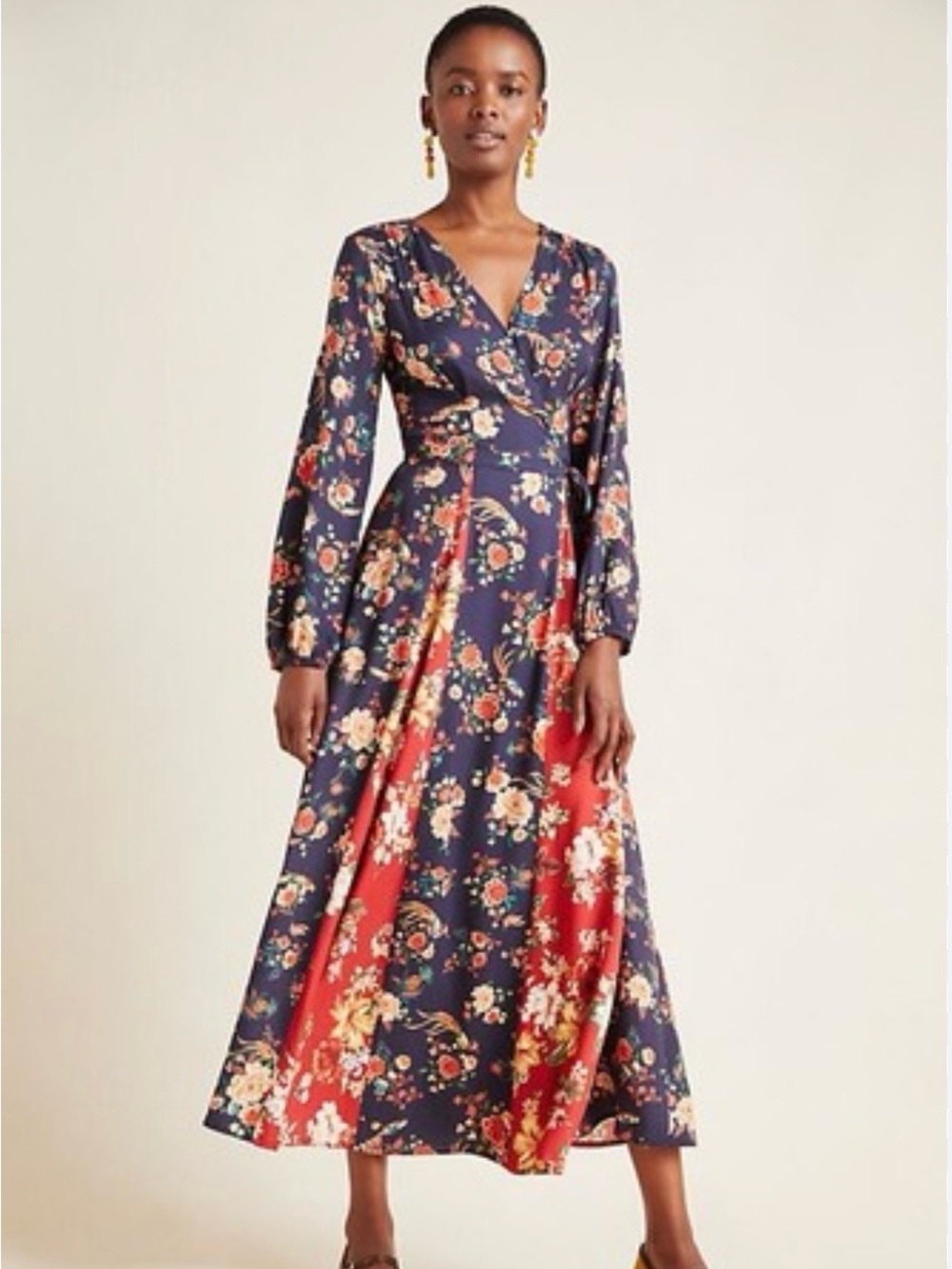 NWT Farm Rio for Anthropologie Floral Wrap Midi Dress M Navy Mixed Print